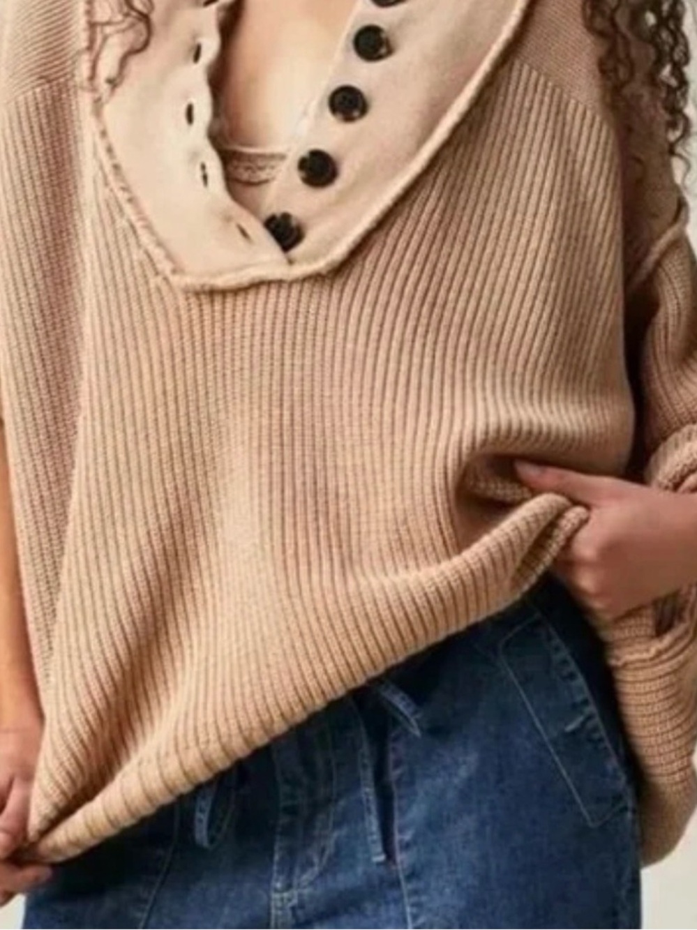Free People Beige Ribbed V-Neck Button Maggie Henley Sweater